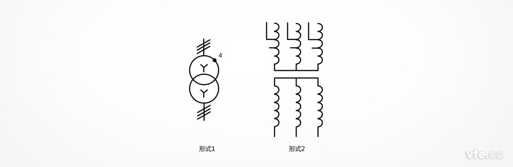 具有個抽頭的星形連接的三相變壓器，每個初級繞組除其端頭外還示出個可用的連接點